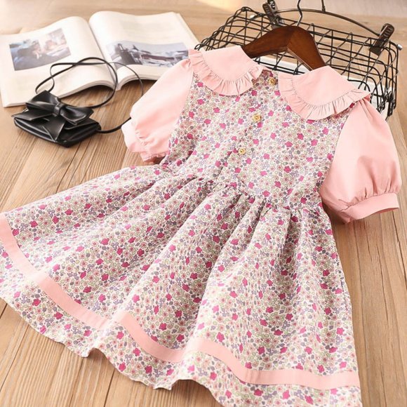 Girls Collared Pink Floral Short Sleeve Dress - Picture 6 of 8
